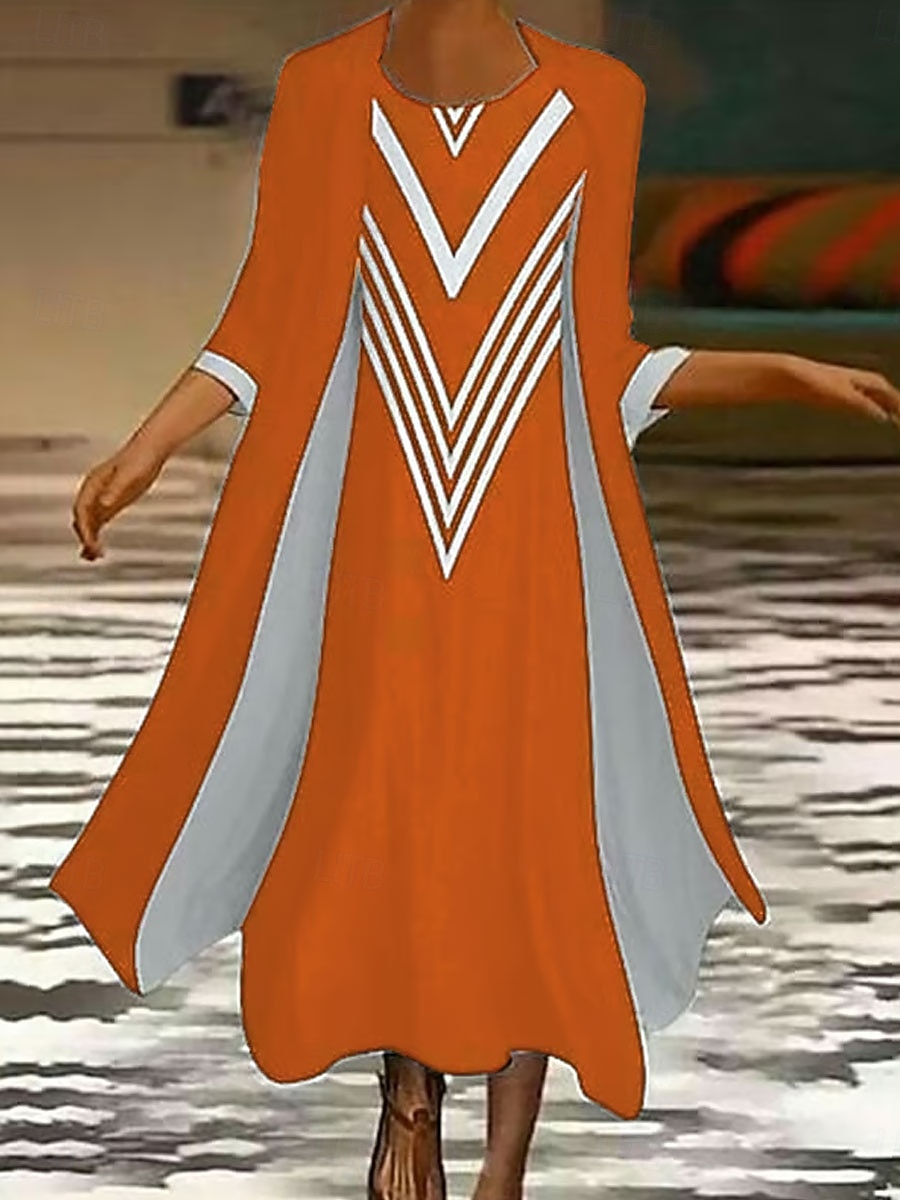Dame Kjolesett Maxikjole Skiftkjole Sommerkjole Fritid Grafisk Geometrisk Multi Layer Trykt mønster Maxikjole 3/4 ermer Crew-hals Daglig Svart Blå Oransje Vår Høst Løstsittende 2025 - $36.99 –P5
