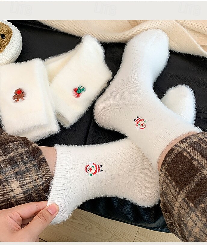 Calcetines navideños de invierno para mujer, calcetines gruesos y cálidos con muñeco de nieve. &Calcetines navideños de felpa de visón blanco acogedores con diseño de Papá Noel y bonitos calcetines 2025 - $7.99 –P3