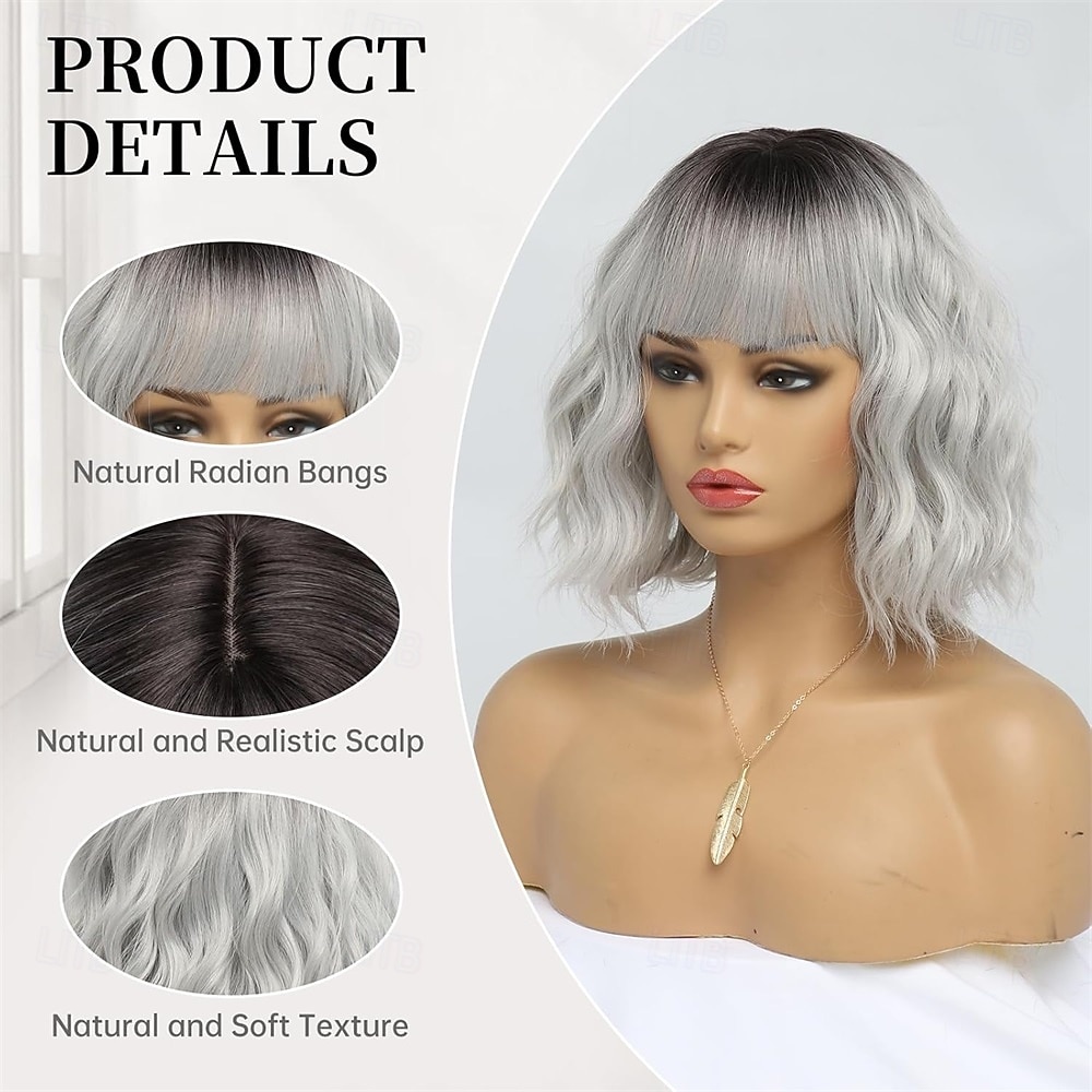 Short Silver Wigs for Women Ombre Grey Wavy Bob Wig with Bangs Medium Length Synthetic Hair Water Wave Dark Roots Wig Gray Colorful Wigs 2026 - $23.99 –P3