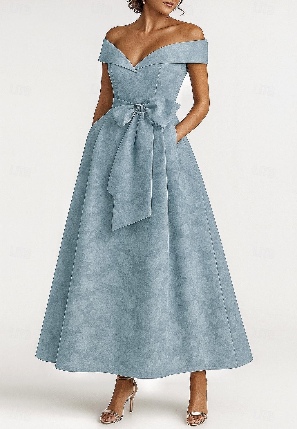 Rochie de seară elegantă, albastru vișiniu, în linie A, rochie formală de mireasă, lungime la podea, mânecă scurtă, cu umăr decoltat, nailon, cu fundă(e) și bretele, 2025 2025 - $145.99 –P3