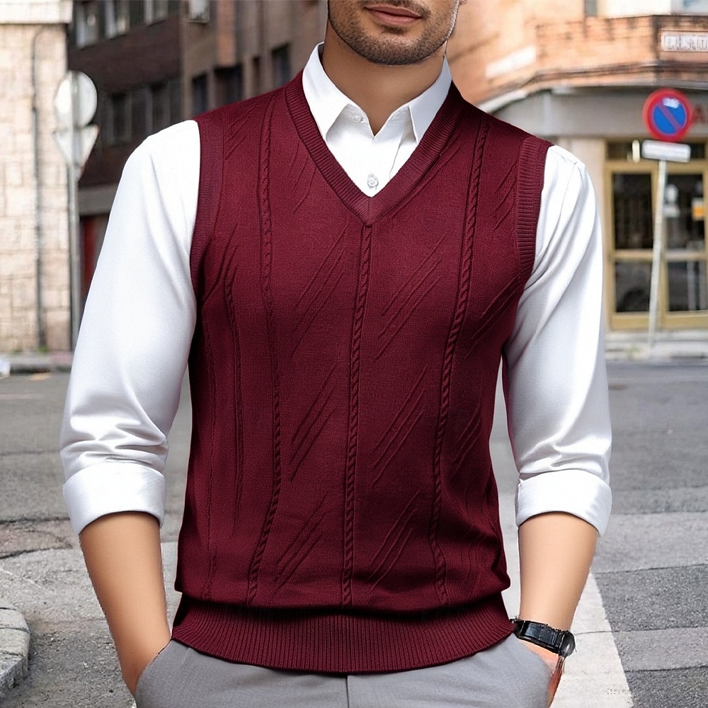 Herren Pullunder Kleid Pullover Pullover Weste Strickpullover Gerippt Stricken Normale Oberteile Gestrickt V Ausschnitt Alltagskleidung Date Bekleidung Herbst Winter Kamel Wein S M L 2025 - $29.99 –P1