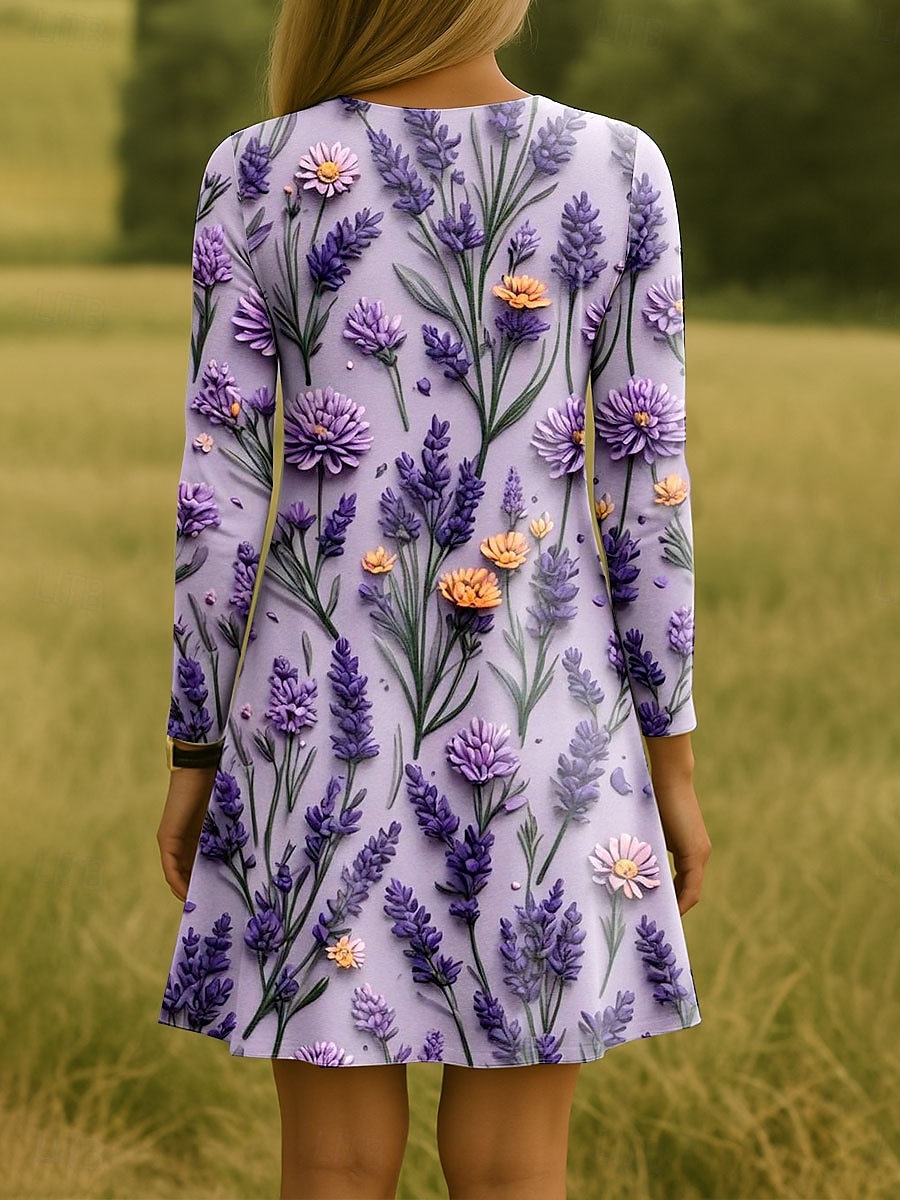 Rochie mini pentru femei cu guler rotund mânecă lungă rochie casual rochie de tip T-shirt rochie stil Tee rochie în A casual tăiere regulată grafic floral guler rotund negru albastru violet verde 2025 - $23.99 –P2