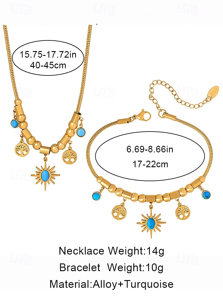 Women's Gold Alloy Necklace and Bracelet Set with Turquoise Sun and Tree Charms – Boho Chic Jewelry for Parties, Holidays and Casual Wear 2026 - $9.99 –P8
