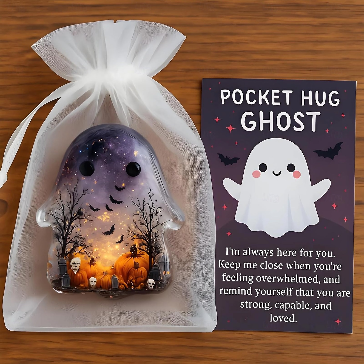 Halloween kapesní objetí duch s povzbudivou kartičkou roztomilý mini přívěsek inspirativní dárek pro přátele ručně vyřezávaná drahokamová socha ducha pro dekoraci domácího stolu 2025 - $19.99 –P9