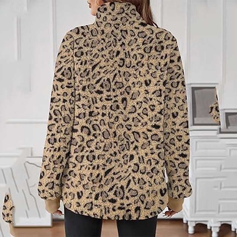 Women's Trench Coat Warm Comfortable Zipper Pocket Fashion Outdoor Leopard Going out Weekend Zipper Regular Lapel Regular Fit Long Sleeve Outerwear Yellow Apricot Coffee Fall Winter 2025 - $26.99 –P5