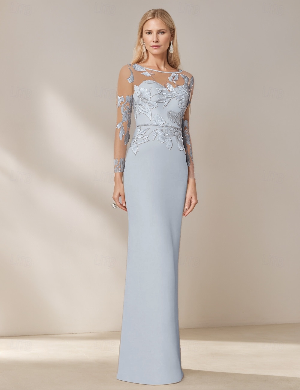 Meerjungfrau  Trompete Mutter der Braut Kleid Elegantes Einfach Bootsauschnitt Floral Bestickte Spitze Bodenlänge Chiffon Lange Ärmel mit Kristallgürtel 2025 - $149.99 –P4