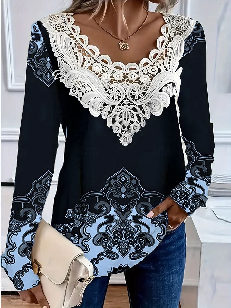 Per donna Maglietta Pizzo Traforato Grafico Piante Moda Elegante Casual Manica Lunga Girocollo Scollo a V Top Regolari Quotidiano Blu Bianco Rosa Viola Verde Primavera Autunno del 2026 a $26.99 –P4