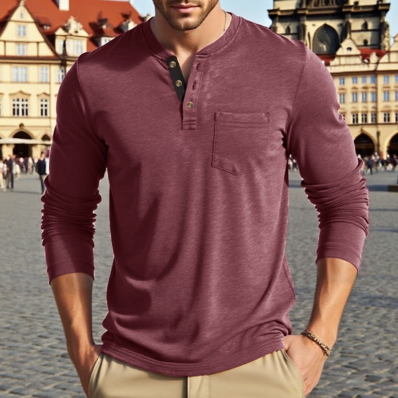 Pánské Tričko Tričko Henley Trička Tričko Top Dlouhý rukáv Henley Jaro Podzim Bez vzoru Módní Designové Základní Kapsy Dovolená ulice Jdeme ven Fialová Top tričko pro muže 2026 - $22.99 –P13
