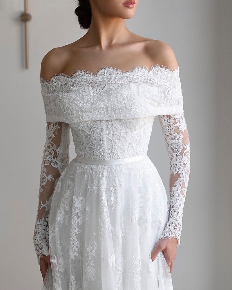 kukkakuvioinen chantilly-pitsiaplikaatiolla koristeltu rantahääpuku elegantti olkapäät paljastava boho-hääpuvut A-linjainen pitkähihainen kappelilaahus morsiuspuvut simpukankuorilla reunustetut 2025 - $219.09 –P2