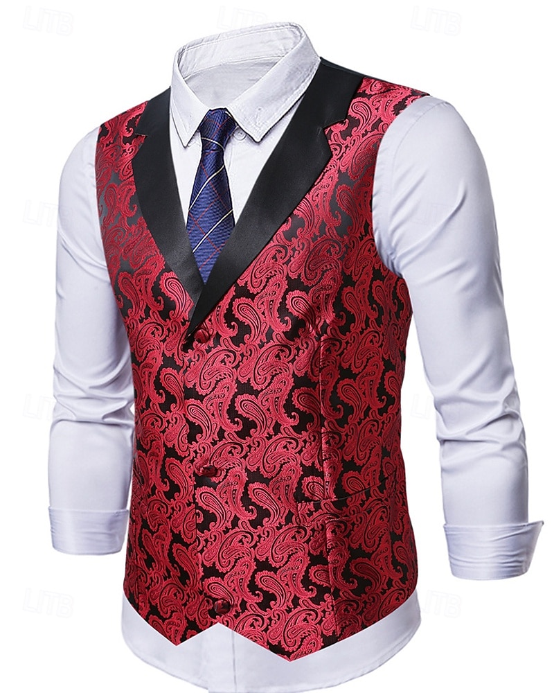 Homme Gilet Vacances Soirée Affaires Mode Occasionnel Printemps Automne Avec Poches Boutons Polyester Confortable Paisley Droit 1 bouton Revers en Pointe Coupe régulière Rouge Gilet de 2026 ? $37.99 –P3