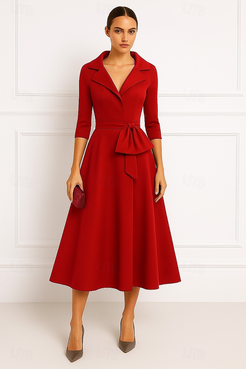 Rød portrettkrage A-linje cocktailkjoler elegant kjole formell bryllup te-lang midi-lengde 3/4-ermet stretch crepe med sløyfe(r) 2025 2025 - $132.99 –P1