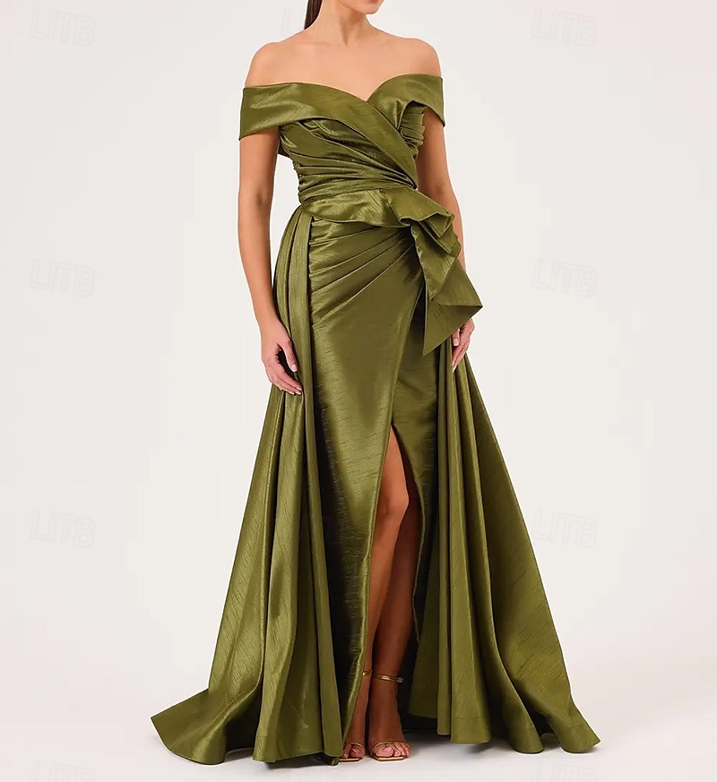 Abito da sera formale a linea A scollato con spalle scoperte taffetà elasticizzato stile celebrità abito formale matrimonio lungo fino al pavimento senza maniche con pieghe ruches e spacchi del 2025 a $159.99 –P1