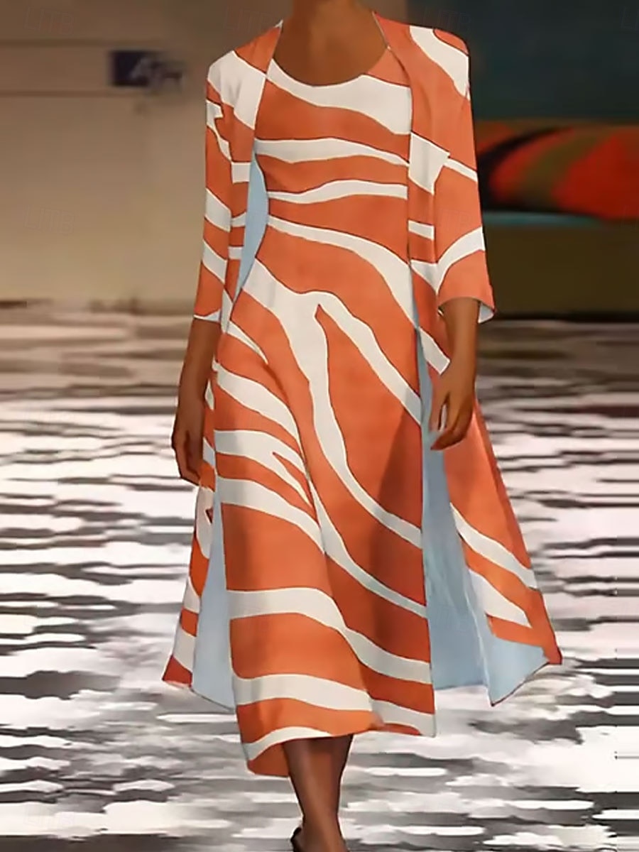 Damen Kleid-Set Maxidress Shiftkleid Sommerkleid Lässig Grafik Geometrisch Geschichtet Druck Maxikleid Dreiviertelarm Rundhalsausschnitt Täglich Orange Frühling Herbst Normale Passform 2026 - $45.99 –P2