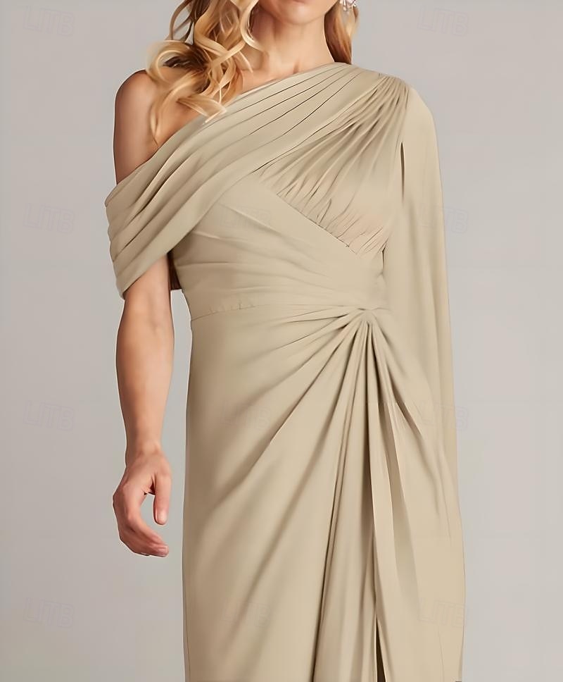 Vestido de noite elegante com bainha/coluna, sobreposição de capa, comprimento até o chão, sem mangas, um ombro só, cetim com pregas e babados, 2025 de 2025 por $155.99 –P2
