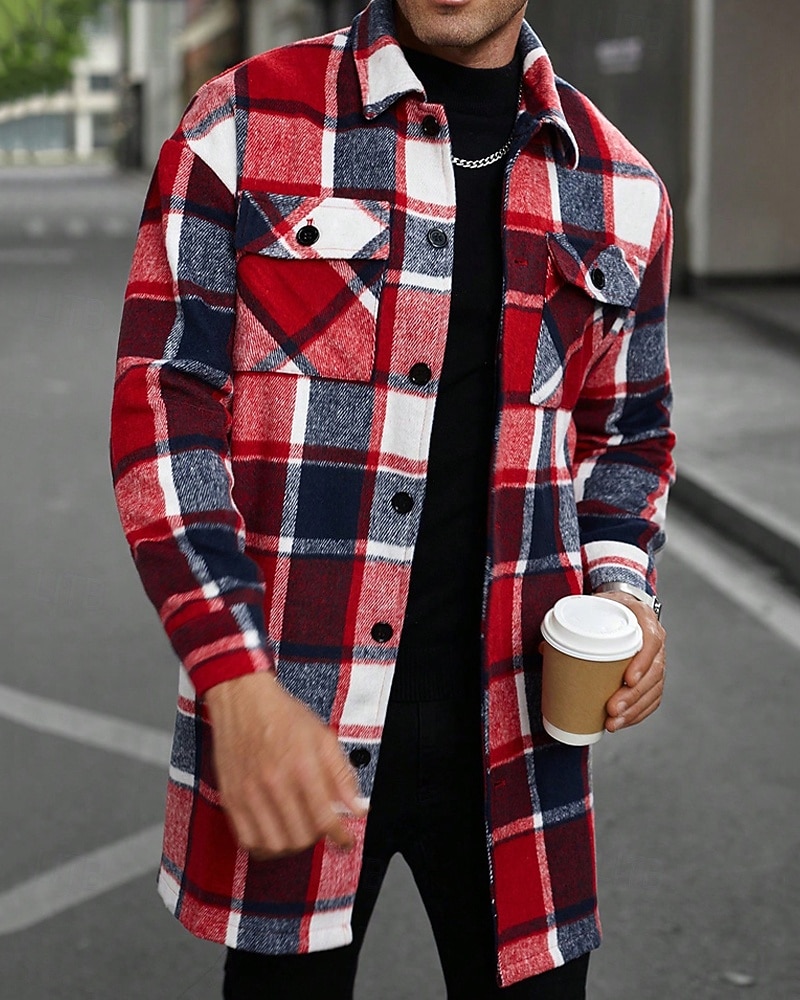 Bărbați Shacket Jachetă cămașă Jachete Iarnă Plisat Vacanță Purtare Zilnică Negru Roșu Vin Portocaliu Kaki Manșon Lung Rever Toamnă Iarnă Îmbrăcăminte Buzunar 2025 - $51.99 –P7