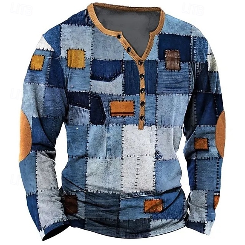 Per uomo Motivo patchwork finto Maglietta Maglia Henley Manica Lunga Vintage Designer Elegante Casuale Quotidiano All'aperto Primavera & Estate Tutte le stagioni Blu Henley Maglietta Henley del 2026 a $22.99 –P1