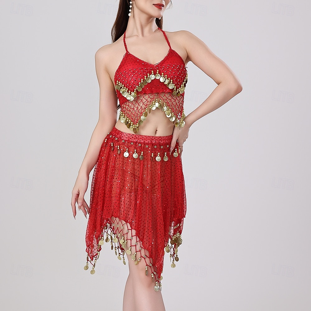 Danse du Ventre Jupes Jeton en cuivre Couleur unie Épissage Femmes Performance Entraînement Sans manches Haut Polyester de 2025 ? $37.99 –P3
