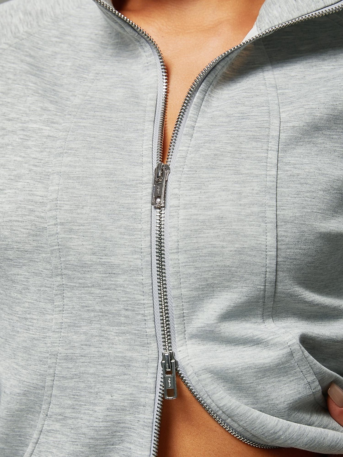 Jachetă tricotată elastică gri melanj pentru femei, guler înalt, buzunare duble cu fermoar, elegantă, confortabilă, din bumbac, casual, pentru lucru zilnic, versatilă, toamnă 2025 - $72.99 –P7