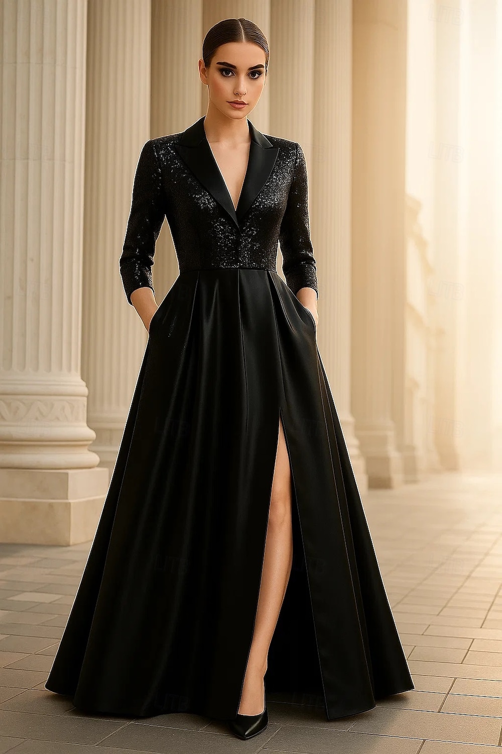Linea ad A Abito da Sera Elegante Abito formale Formale Matrimonio Lunghezza al pavimento Manica 3/4 Scollo a V Raso con Pieghe Paillettes Spacco 2025 del 2025 a $134.99 –P4