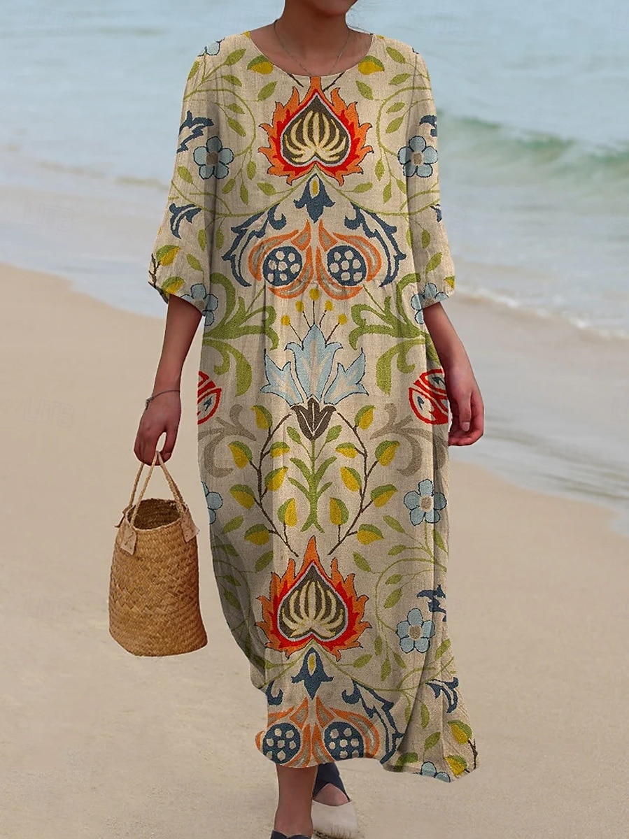 Női Maxi Ruha Kaftan 3/4 Hosszú Ujjú Környakú Lazac Átmeneti Ruha Boho Mindennapi Ünnepi Randi Virágos Grafika Sárga Rózsaszín Kék Zöld Tavasz Ősz 2025 - $41.99 –P1