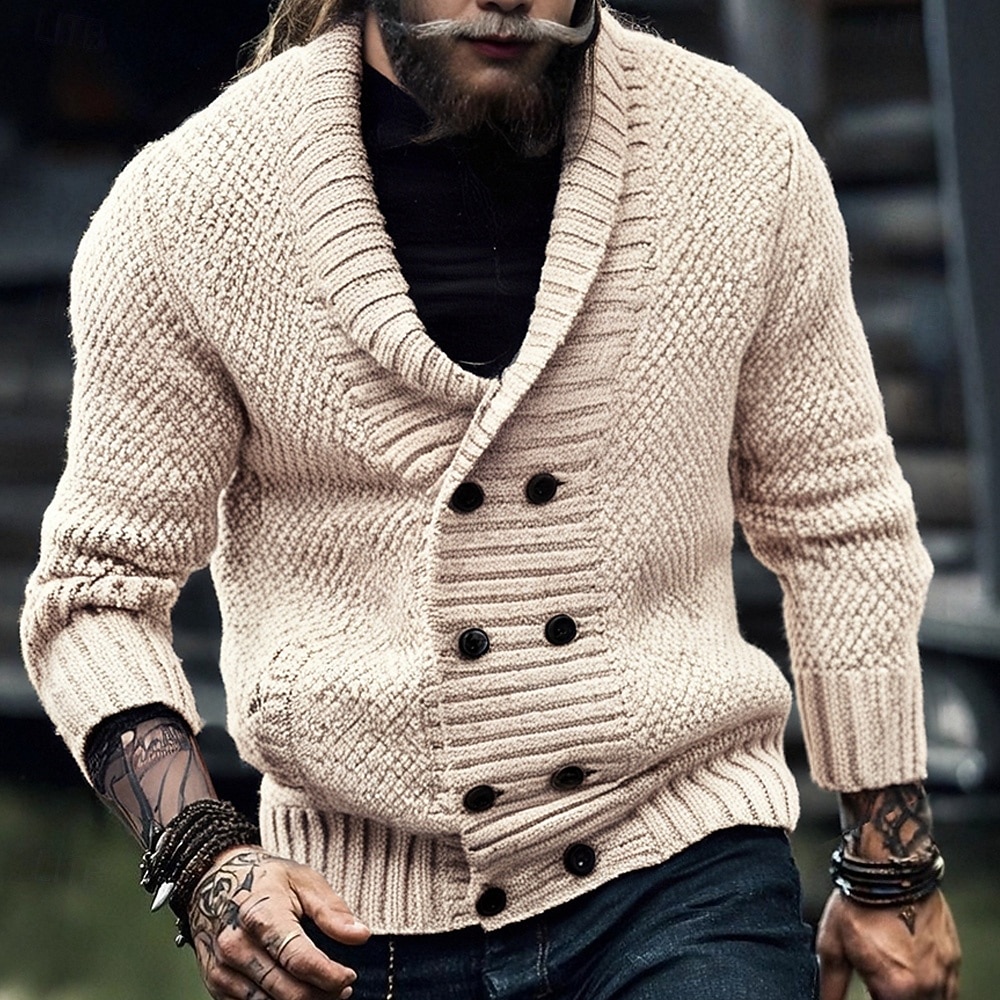 Муж. Кардиган Укороченный свитер Вязаный свитер Рельефный узор Вязать Обычные топы Карман Пуговицы Полотняное плетение Воротник шалевого типа Мода Классика Отпуск На каждый день Одежда Осень Зима 2025 - $42.99 –P1