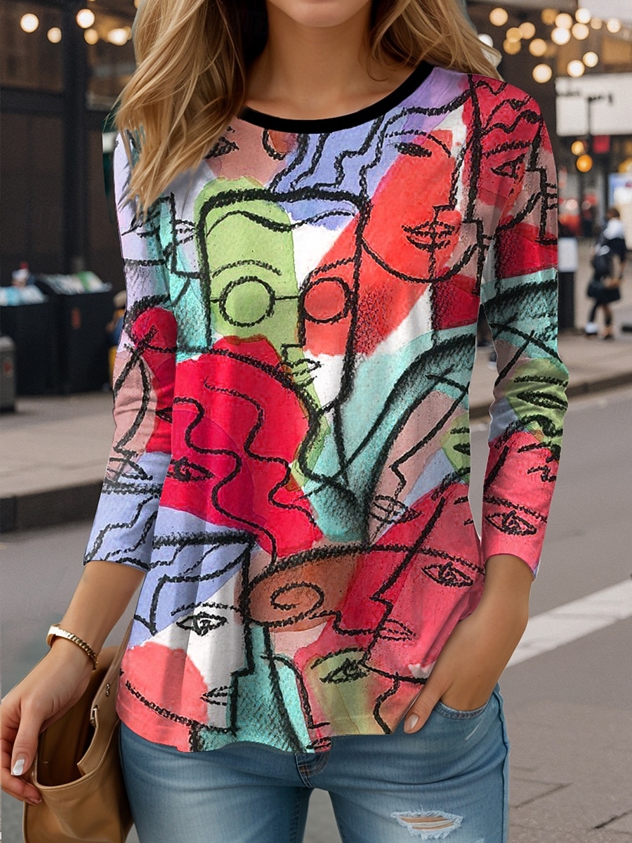 Femmes T-shirt Graphique Abstrait ancien Élégant Occasionnel manche longue Col ras du cou Hauts Réguliers Quotidien Imprimé Jaune Rouge Violet Vert Printemps Automne de 2025 ? $22.99 –P2