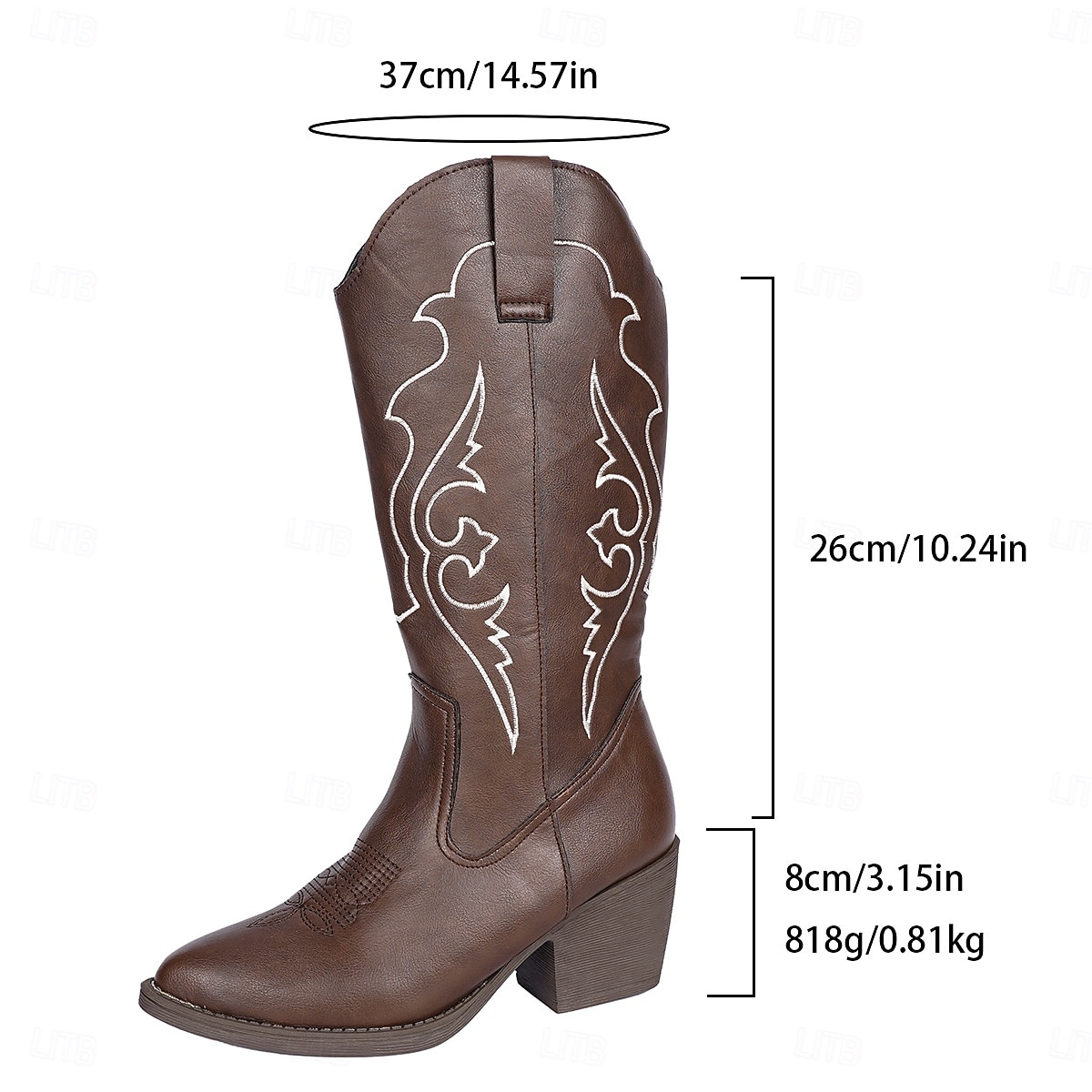 Botas vaqueras estilo western para mujer, color marrón moca, con detalles bordados en blanco y tacones de bloque, estilo bohemio estilo western. 2025 - $34.99 –P4