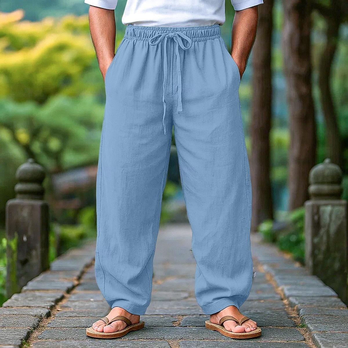 Bărbați Pantaloni de in Pantaloni Pantaloni de vară Pantaloni de plajă Cordon Talie elastică Pliuri Simplu Confort Respirabil Lungime totală În aer liber Casual Zilnic Vacanță Modă Negru Alb Inelastic 2026 - $29.99 –P9