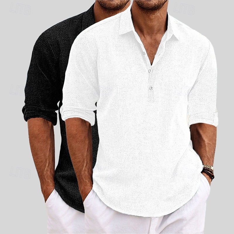 Herren Hemd Leinenhemd Sommerhemd Strandbekleidung Einfach Urlaub Lässig Khaki + Schwarz Blau+Khaki Grau+Khaki Weiss + schwarz Langarm Revers Sommer Frühling Bekleidung 2025 - $29.99 –P10
