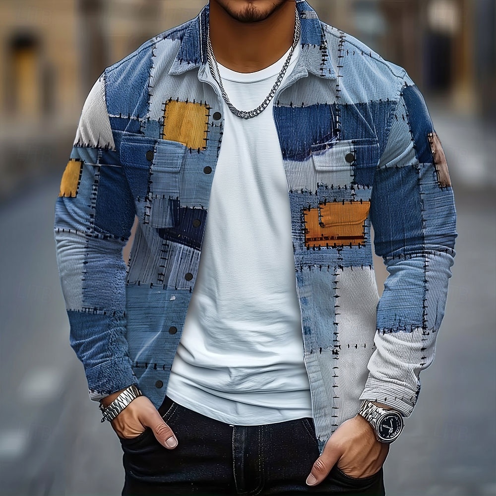 Pánské Barevné bloky Slátanina Jako džínovina Kordurová košile Košile bunda Overshirt Dlouhý rukáv Vintage Retro Venkovní Na den Podzim Zima Přehnutý Tlačítko dolů Teplé Bunda s klopovými kapsami 2025 - $29.99 –P1