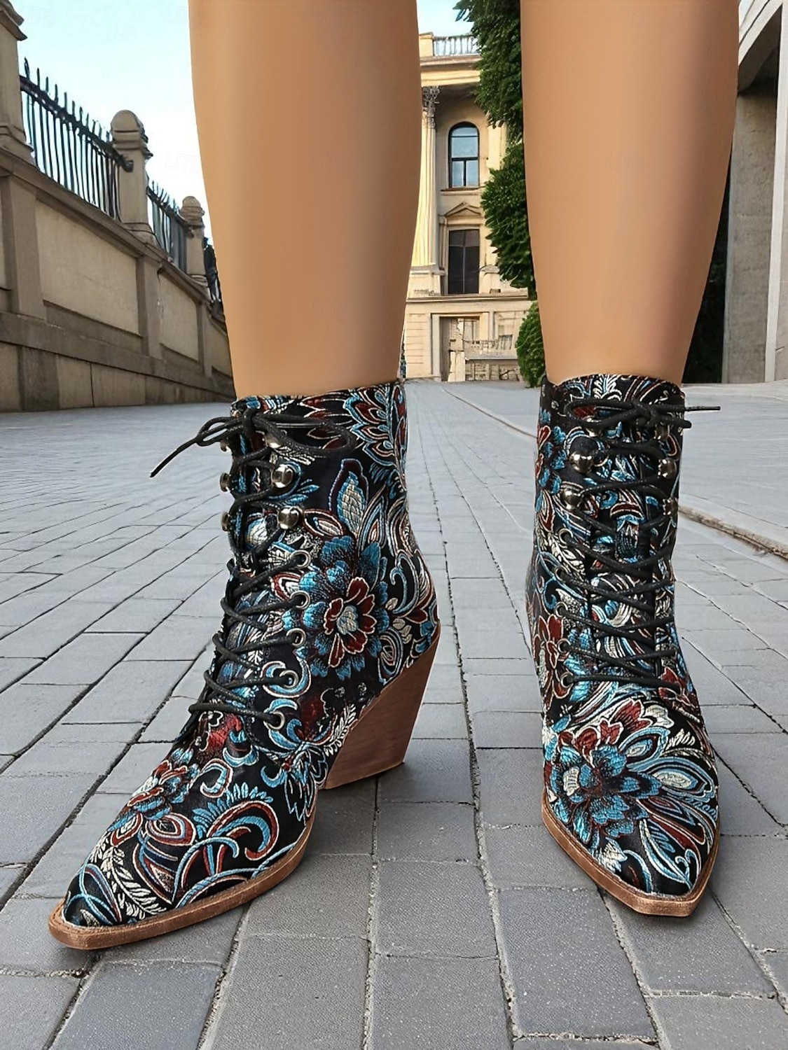 stivaletti alla caviglia stringati in jacquard vintage edoardiano da donna - stivaletti con zeppa e motivo floreale barocco per feste retrò, moda autunnale anni 1900-1910 e costumi a tema del 2026 a $54.99 –P6