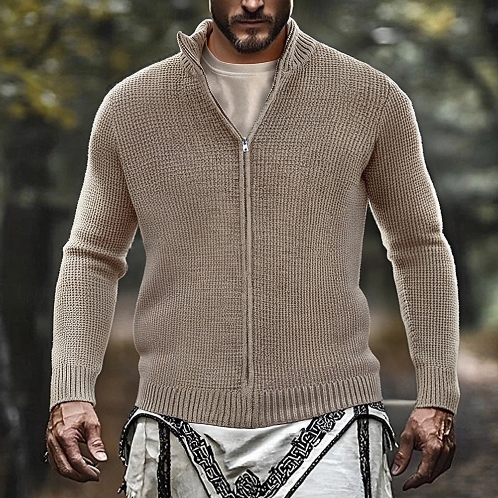 Herren Strickjacke Reißverschluss-Pullover Verkürzter Pullover Strickpullover Gerippt Grobstrick Stricken Normale Oberteile Gestrickt Einfarbig Rollkragen Mode Klassisch Urlaub Alltagskleidung 2026 - $48.99 –P1