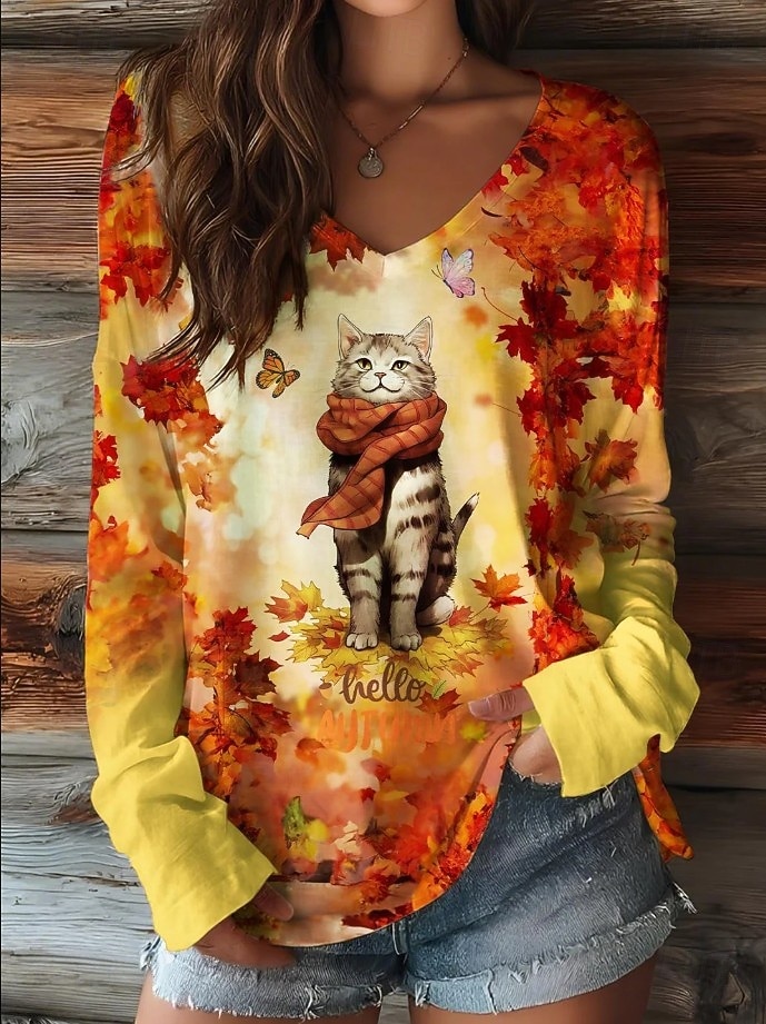 Semana Santa Mujer Camiseta Estampado Floral Graphic Gato Vintage Elegante Clásico Manga Larga Escote en Pico Tops regulares Diario Negro Amarillo Naranja Verano Primavera Otoño 2026 - $24.99 –P1