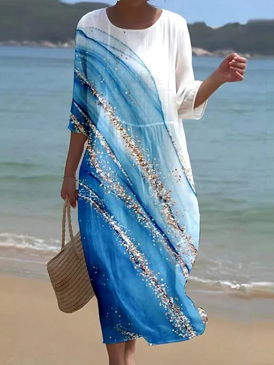 Női Maxi Ruha Kaftan 3/4 Hosszú Ujjú Környakú Lazac Átmeneti Ruha A vonalú Ruha Boho Mindennapi Ünnepi Randi Grafika Absztrakt Ég Kék Zöld Sötét Kék Páva Kék Tavasz 2025 - $41.99 –P1