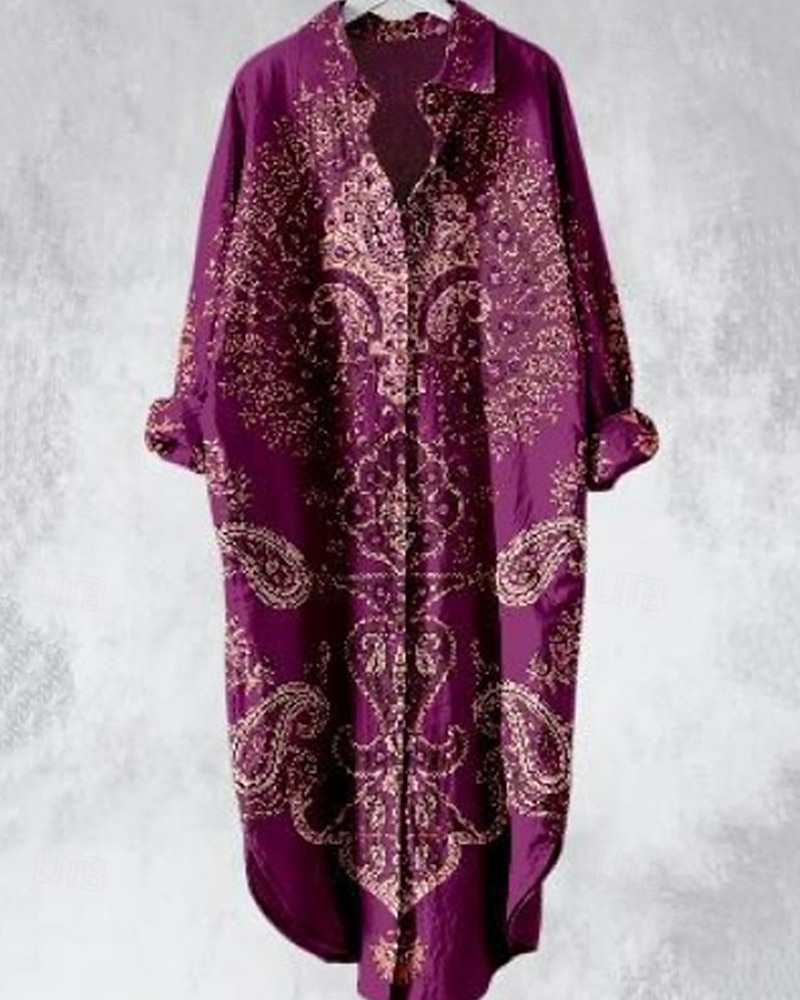 Per donna Abito Midi Abito Camicia Vestito Casual Abito Boho Moda Moderno Quotidiano Spiaggia Weekend Vestibilità regolare Fiore Manica Lunga Colletto a Camicia Viola Marrone Primavera Autunno del 2025 a $24.99 –P2