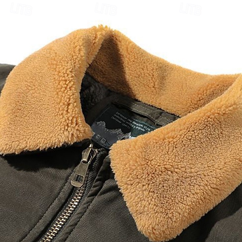 Men's Winter Jacket Bomber Jacket Fleece Jacket Vacation Daily Thermal Warm Pocket Fleece Winter Plain Fashion Streetwear Lapel Regular Black Khaki Army Green Jacket 2026 - $57.99 –P7