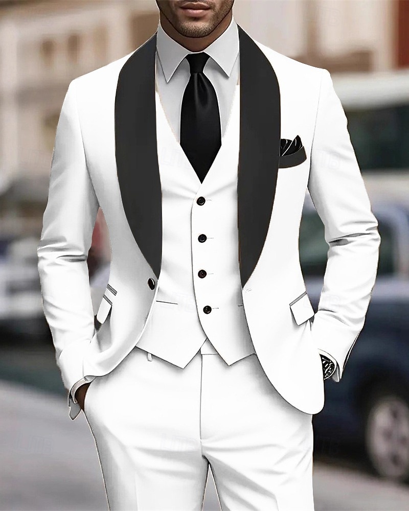 Herren Set Anzüge Anzugweste Geschäft Cocktailparty Hochzeitsfeier 3 Stück Mode Lässig Frühling Herbst Polyester Farbblock Tasche Knöpfe Bequem Einreihig Blazer Schwarz Weiß Burgunderrot Königliches 2025 - $79.99 –P1