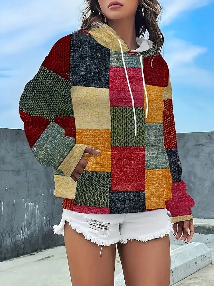 Damen Kapuzenpullover Druck Grafik Geometrisch Warm Vintage Mode Langarm Mit Kapuze Normale Oberteile Straße Alltagskleidung Ferien Orange Leicht Blau Herbst Winter 2026 - $28.99 –P2