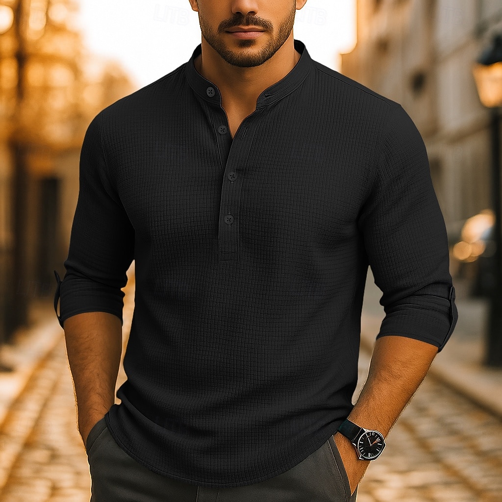 Per uomo Camicia Camicia popover Camicia casual Camicia da Spiaggia Camicia a maglia a nido d'ape Nero Bianco Blu marino Arancione Manica Lunga Semplice Collo alla coreana Vacanza Camicia hawaiana del 2025 a $22.99 –P5