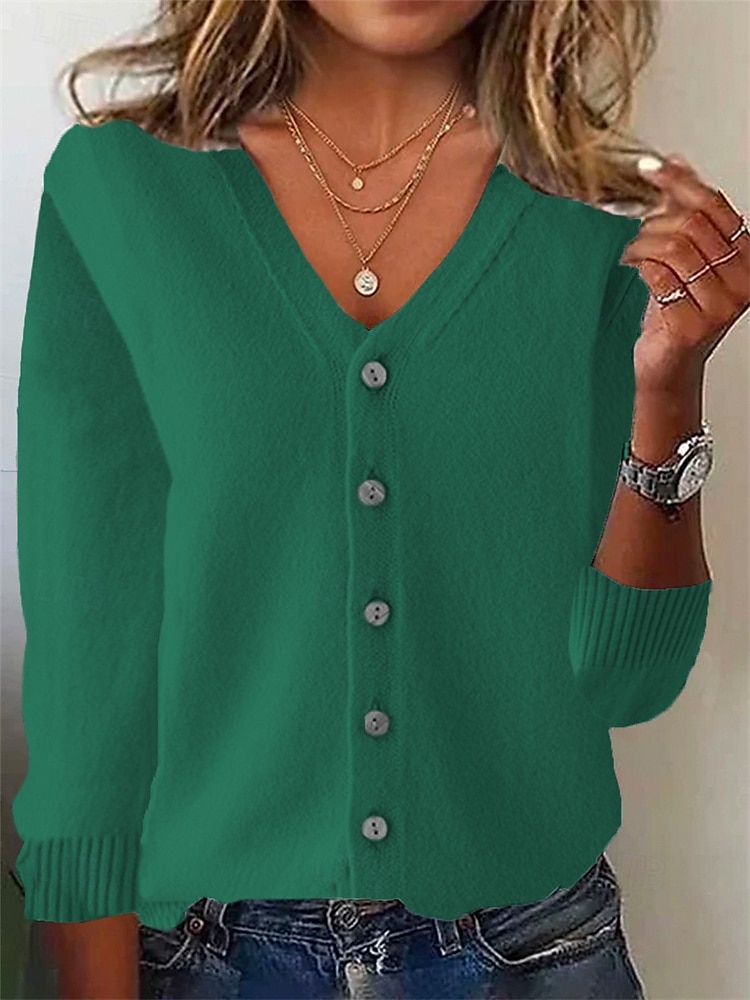 Per donna Felpa Cardigan Moda Streetwear Quotidiano Tinta unica A Coste Scollo a V Lavorato a maglia Manica Lunga Top Regolari Maglia Ferie Uscire Weekend Nero Bianco Autunno Inverno del 2025 a $9.99 –P17