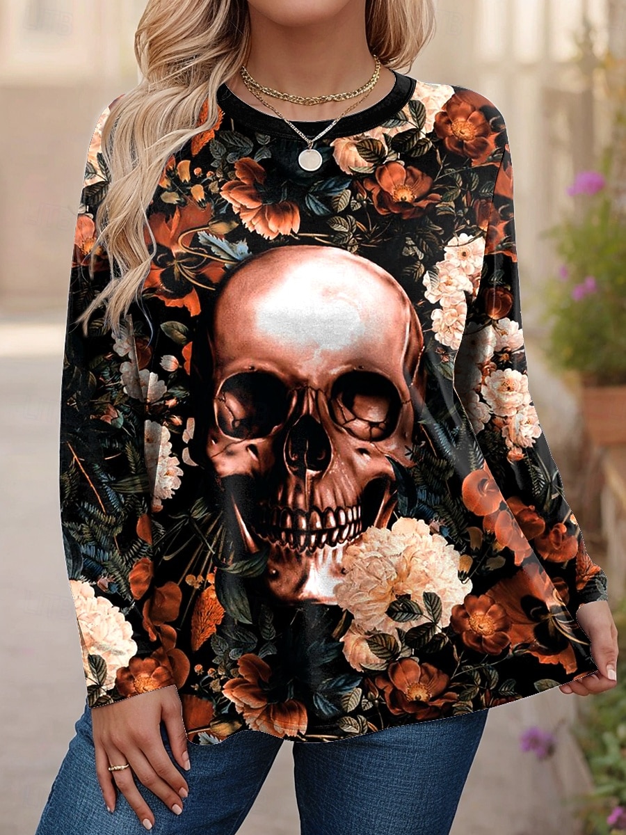 Dámské topy plus size s potiskem lebek, dlouhý rukáv, kulatý výstřih, ležérní, denní, polyester, podzim, zima, černá, bílá 2025 - $22.99 –P5