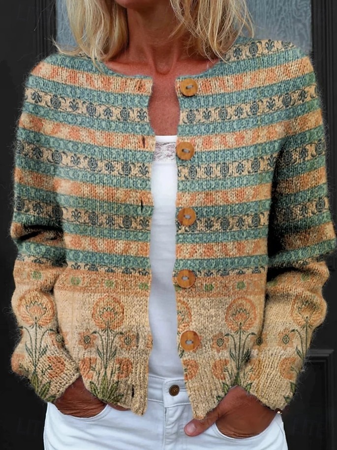 Damen Cardigan Pullover Strick Rippen Knopf Vorderseite Rundhals Lange Ärmel Leicht Elegant Vintage Alltag Floral Grafik Geometrisch Druck Strickbedarf Outdoor Alltag Urlaub Schwarz Lila Frühling 2026 - $17.99 –P3