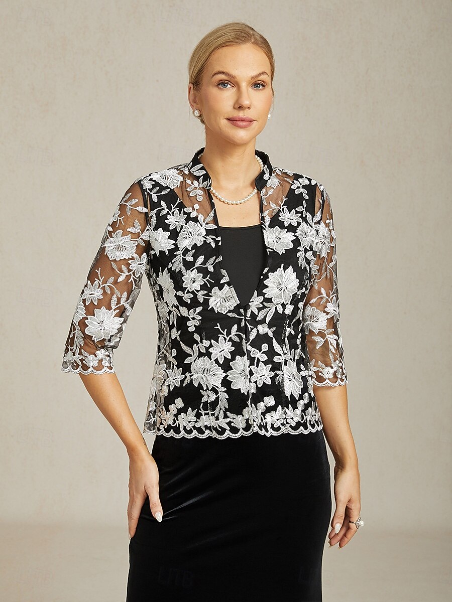 Femmes Hauts Élégants Hauts en dentelle Fleuri Élégant ancien Col haut Noir Été Printemps Automne de 2025 ? $79.99 –P1