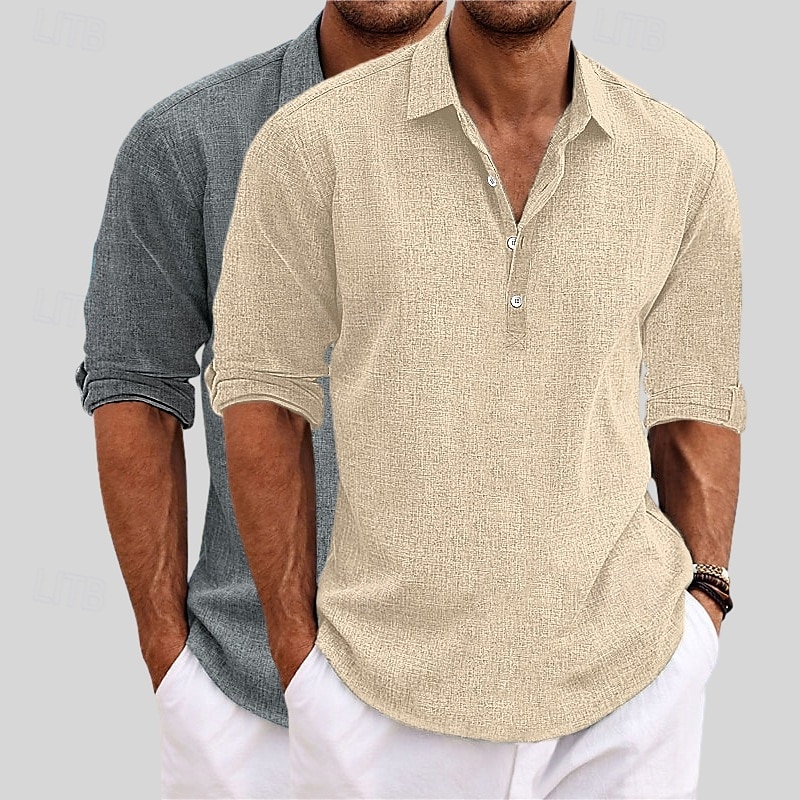 Herren Hemd Leinenhemd Sommerhemd Strandbekleidung Einfach Urlaub Lässig Khaki + Schwarz Blau+Khaki Grau+Khaki Weiss + schwarz Langarm Revers Sommer Frühling Bekleidung 2025 - $29.99 –P6