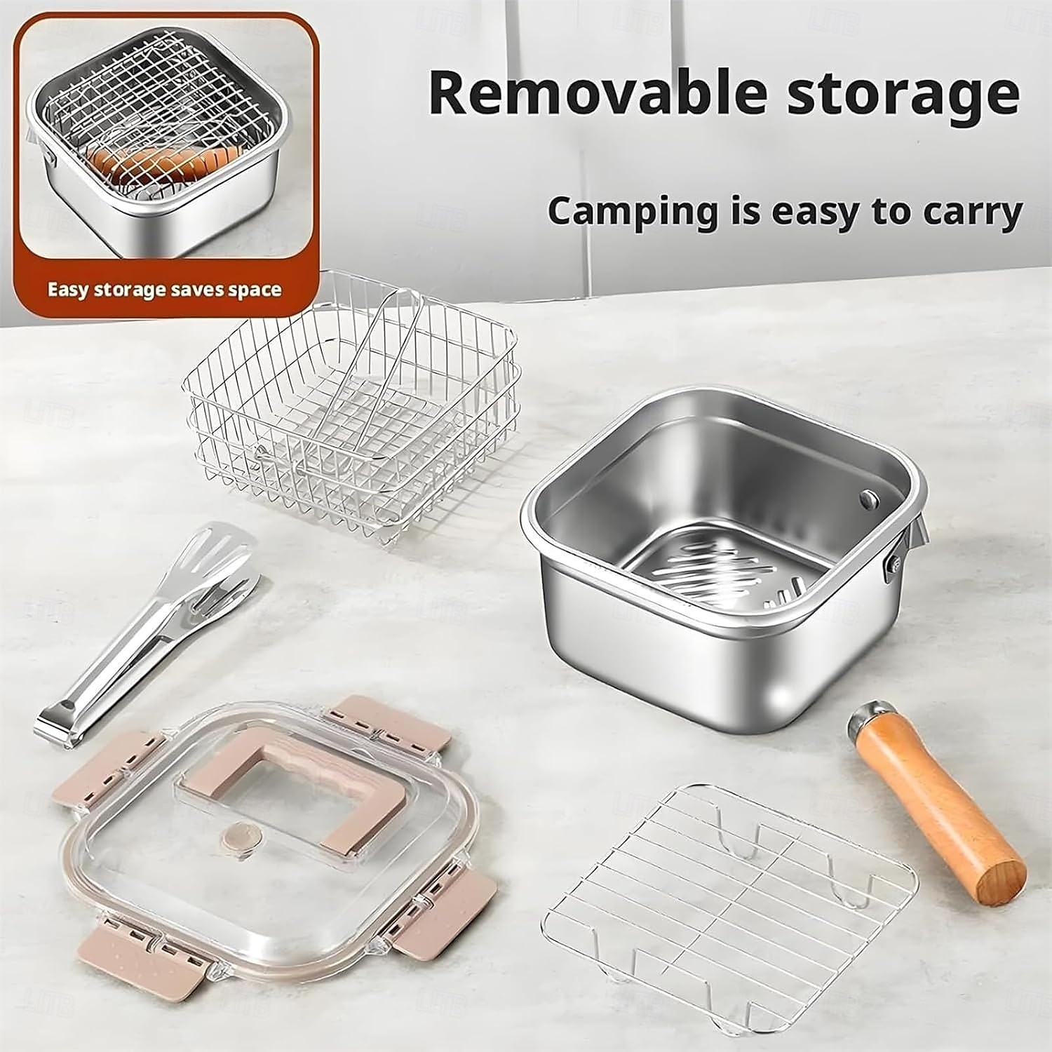 Padella quadrata in acciaio inox da 4 pezzi con cestello, friggitrice compatta quadrata multiuso con manico staccabile &design di scarico facile adatto a contenitori per la conservazione della del 2025 a $33.99 –P6