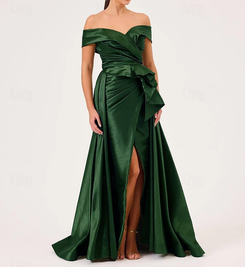 Abito da sera formale a linea A scollato con spalle scoperte taffetà elasticizzato stile celebrità abito formale matrimonio lungo fino al pavimento senza maniche con pieghe ruches e spacchi del 2025 a $159.99 –P4