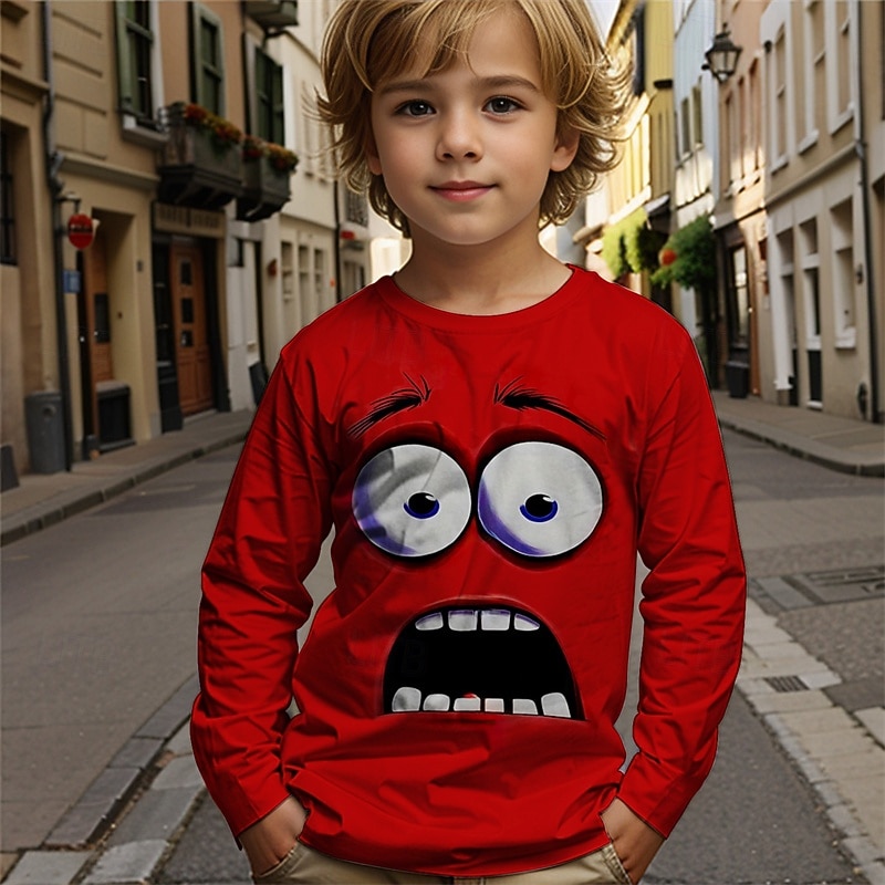 Pojkar tecknat roligt leende ansikte t-shirt långärmad 3D-tryck höst vintermode grundläggande barn 4-12 år rund hals utomhus casual daglig normal passform 2025 - $13.99 –P5