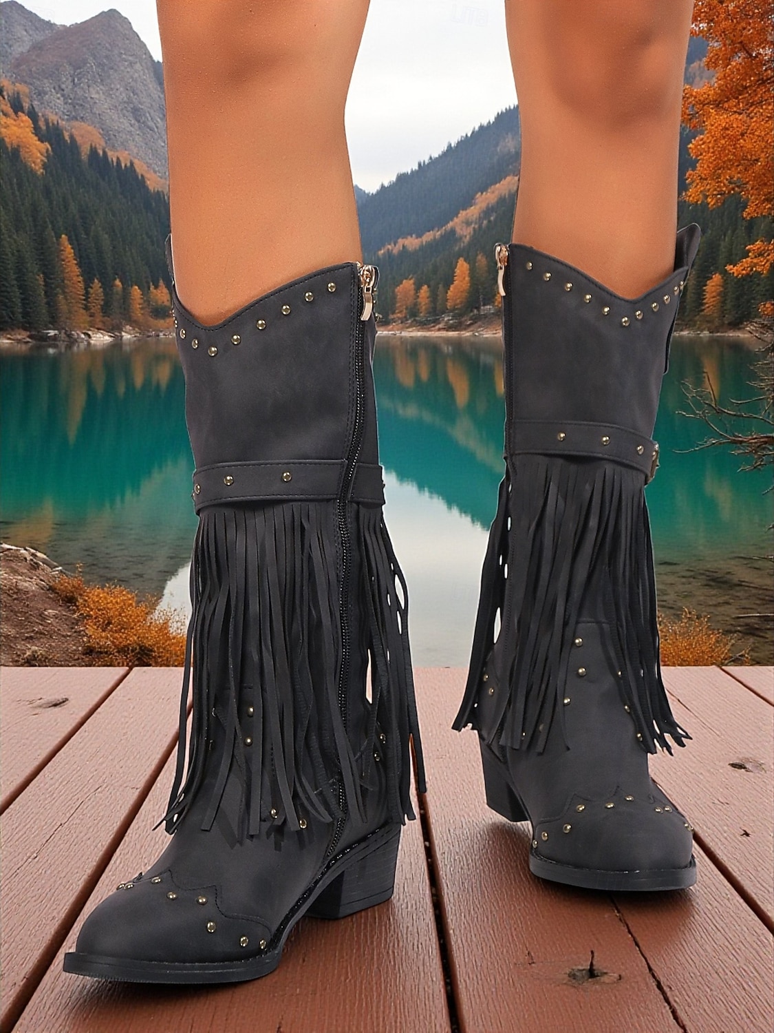 Γυναικείες καφέ μπότες μέχρι το γόνατο με κρόσσια από τεχνητό δέρμα, λεπτομέρειες με τρουκς και χαμηλά τακούνια, μποέμ παπούτσια σε στιλ καουμπόι γουέστερν 2026 - $54.99 –P7