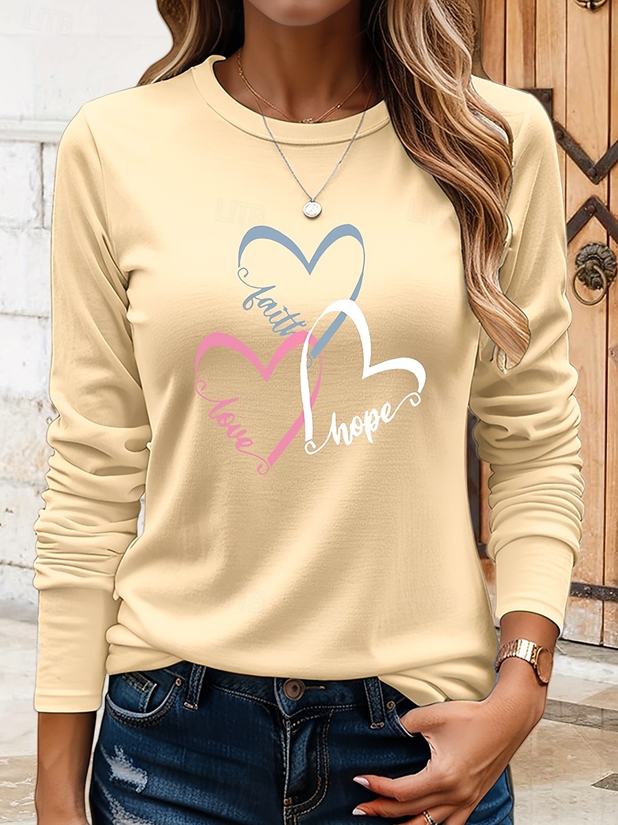 Damen T Shirt Druck Herz Grafik Vintage Stilvoll Klassisch Langarm Rundhalsausschnitt Rundhals Normale Oberteile Täglich Blau Schwarz Khaki Rosa Sommer Frühling Herbst 2026 - $24.99 –P2