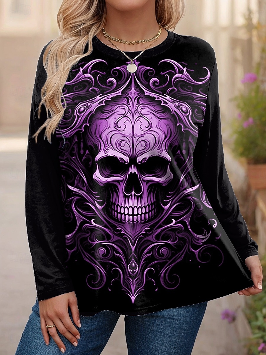 Dámské topy plus size s potiskem lebek, dlouhý rukáv, kulatý výstřih, ležérní, denní, polyester, podzim, zima, černá, bílá 2025 - $22.99 –P4
